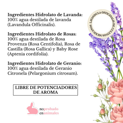 KIT 3 MINI HIDROLATOS: LAVANDA, ROSAS & GERANIO (100ml)