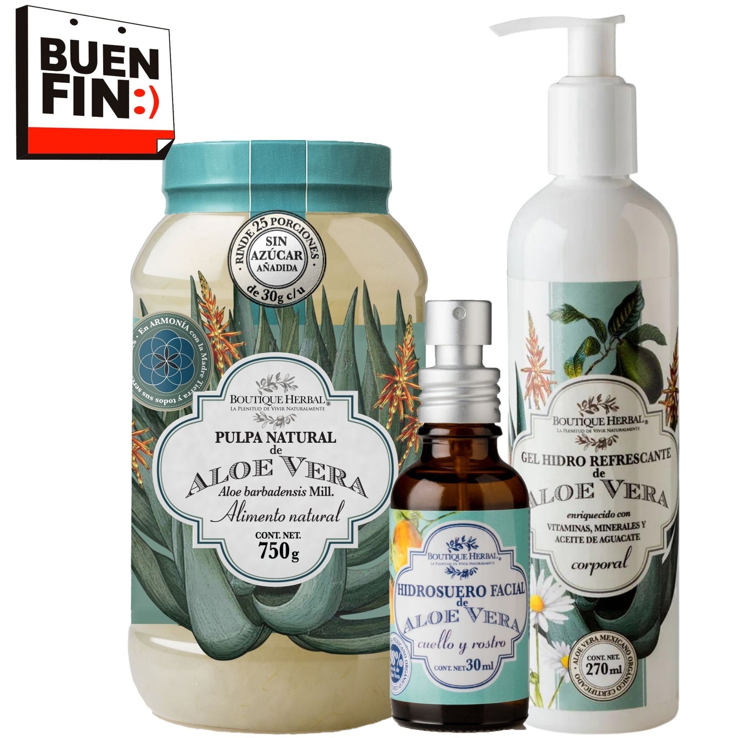 KIT BUEN FIN: Pulpa de aloe vera + Gel corporal + Hidrosuero facial