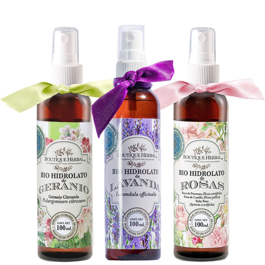 KIT 3 MINI HIDROLATOS: LAVANDA, ROSAS & GERANIO (100ml)